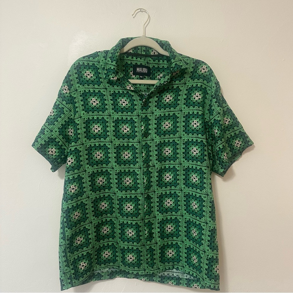 Green Quilt Patterned Men's Button Down Shirt